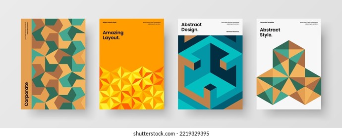 Modern geometric shapes placard concept bundle. Multicolored journal cover vector design template set.