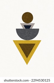 Modern geometric shapes semicircle circle triangle brown orange gray. Abstract posters. Denim texture.