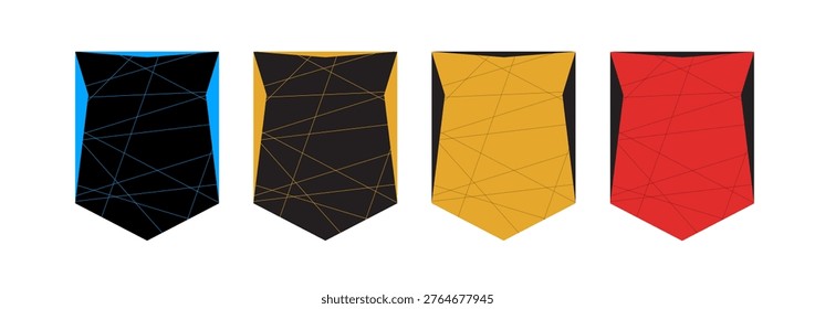Modern geometric shield icons with abstract line patterns in various colors