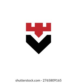 Modern Geometric Shield Logo with Castle Battlement and Letter V Monogram. Viking Letter V Logo. 