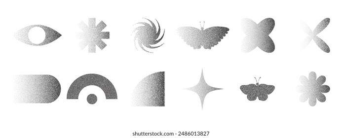 Modern geometric silhouette figures and shapes with noise stipple dots. Vector halftone and stipple effect