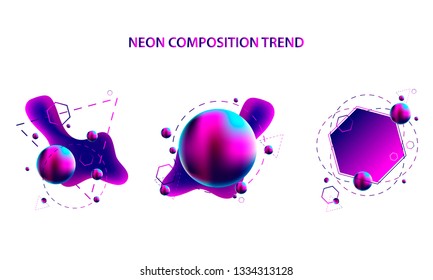 Modern geometric space lines retro neon volume abstract set white background violet banner trend art hipster style