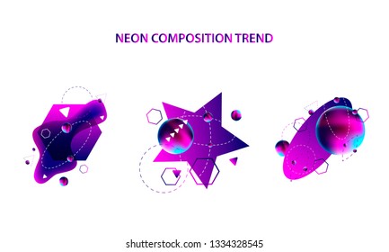 Modern geometric space lines retro neon volume abstract set white background violet