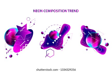 Modern geometric space lines retro neon volume abstract set white