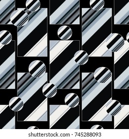 Modern geometric striped seamless pattern. Abstract background with black white blue stripes, geometry shapes, figures, circles, squares and trendy ornaments. Vector  texture for design, wallpapers
