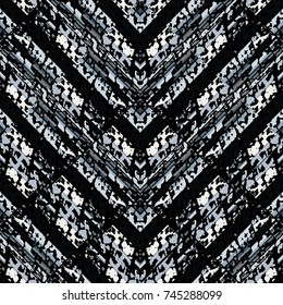 Modern geometric striped seamless pattern. Abstract background with black white stripes, spots, rhombus, geometry broken shapes, figures, ornaments. Vector trendy texture for design, wallpapers