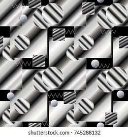 Modern geometric striped seamless pattern. Abstract background with black white stripes, geometry shapes, figures, circles, squares, zigzag trendy ornaments. Vector  texture for design, wallpapers