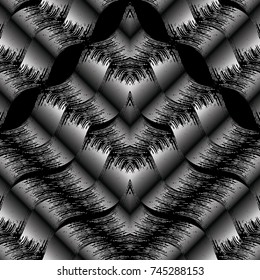 Modern geometric striped seamless pattern. Abstract dark background with grey wavy stripes, rhombus, geometry shapes, figures. Vector trendy texture