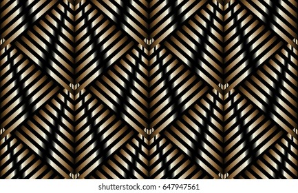 Modern geometric striped seamless pattern.Abstract creative gold black background wallpaper illustration with stripes, lines, rhombus, shapes and 3d ornament.Vector surface texture for fabric, textile