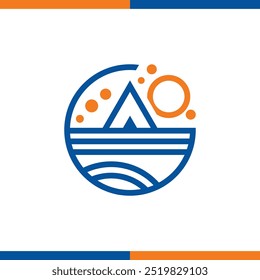 modern geometric sunset with mountain's iconic logo, a blue and orange sign that says the ocean