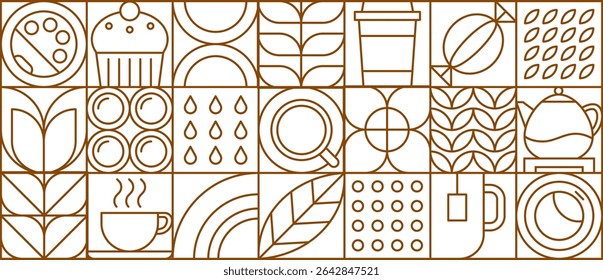 Modern geometric tea drink pattern with geometric modern shapes, vector background. Tea geometric pattern of teabag in mug or teacup and teapot with cupcake dessert or sweet muffin and coffee