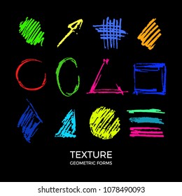 Modern geometric texture shapes. Vector doodle illustration. Hand draw sketch cartoon design. Chalk round, squared, oval simple isolated frame Set art line neon elements for magazine, print, web, card