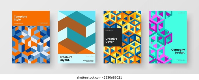 Modern geometric tiles front page concept bundle. Vivid company cover vector design template collection.
