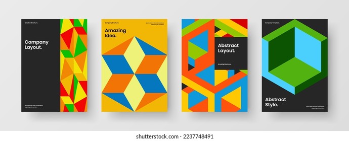 Modern geometric tiles postcard template composition. Colorful handbill A4 design vector layout set.