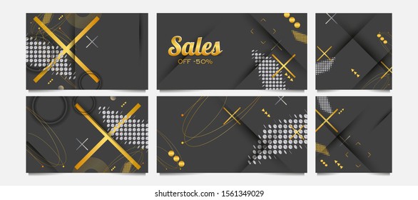 Modern geometric trend abstract set sale. Gold elements on a gray background composition, vector covers
