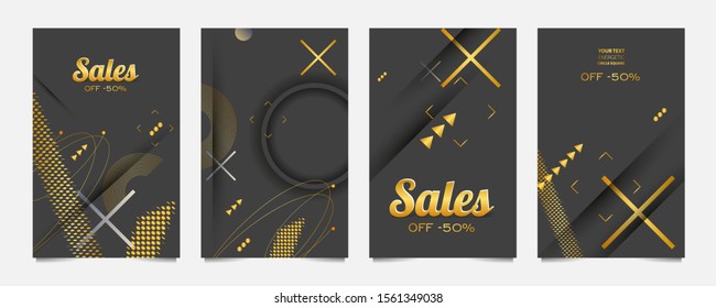 Modern geometric trend abstract set sale. Gold elements on a gray background composition, vector covers