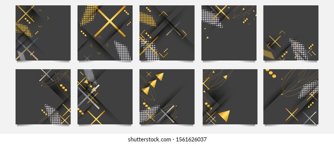 Modern geometric trend abstract set sale. Gold elements on a gray background composition