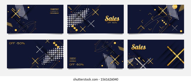 Modern geometric trend abstract set sale. Gold elements on a gray background composition