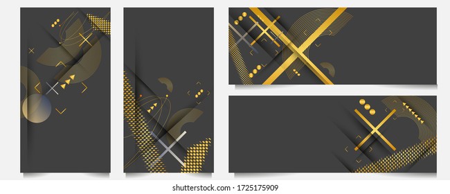 Venta de conjunto abstracto de tendencia geométrica moderna. Elementos dorados en la composición de fondo gris, cubiertas vectoriales