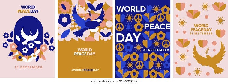 Moderno día geométrico de moda mundial de la paz. Afiche del 21 de septiembre, colección vectorial de tarjetas de felicitación