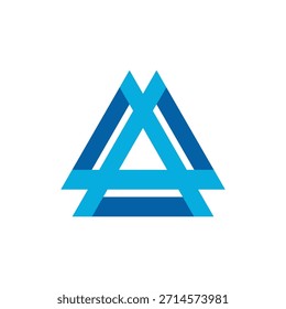 Design moderno logotipo triângulo geométrico com listras azuis entrelaçadas e acentos ciano brilhantes.