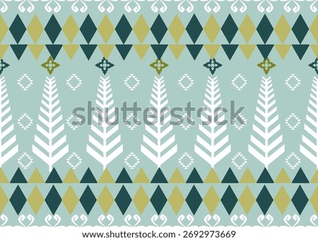 A modern geometric tribal pattern featuring mint green, olive, and white tones. Perfect for textile design, wrapping paper, and digital backgrounds.
