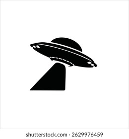 Modern geometric UFO shape rising above skyline with stars and moon included

