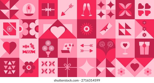Moderno patrón geométrico de San Valentín sin fisuras con corazones, flores, regalos e iconos de amor en suave paleta rosa y rojo. Fondo de Vector romántico. Ideal para embalaje, Fondo de pantalla, tarjetas y textil