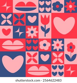 Modern geometric Valentines Day seamless pattern with hearts, flowers, lips, and abstract shapes in vibrant red, pink, and navy blue tones. Vector illustration for wrapping and textile