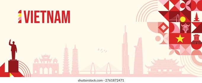 Modern geometric vector banner featuring Vietnam 
cultural elements and landmarks