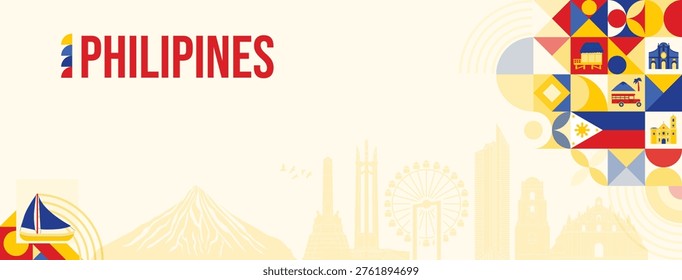 Modern geometric vector banner featuring Philippines 
cultural elements and landmarks