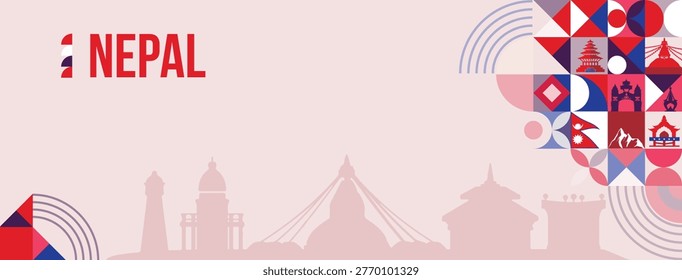 Modern geometric vector banner featuring Nepal cultural elements and landmarks, Abstract composition with national flag colors and minimal shapes
Includes iconic architecture and heritage symbols in clean line style. Contemporary layout with copy space suitable for branding and promotions. Perfect for social media banners, corporate presentations, travel ads, and national day campaigns