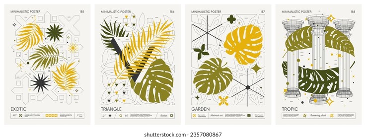 Modern geometric vector color Minimalistic Posters with simple shapes, and exotic leaves, tropical plants, Artwork with silhouette abstract graphic elements basic figures, inspired by brutalism, set 4