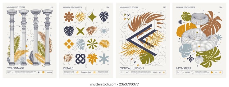 Modern geometric vector color Minimalistic Posters with simple shapes, and exotic leaves, tropical plants, Artwork with silhouette abstract graphic elements basic figures, inspired brutalism, set 49