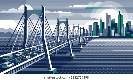 Modern geometric vector illustration of a long cable-stayed bridge with busy traffic leading toward a futuristic city skyline over water under a stylized sun and cloudy sky.