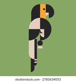 Modern geometric vector illustration of parrot or macaw in profile view. Created with minimalist shapes, curved lines and pop of bright yellow on solid green background. Perfect for tropical themes, exotic wildlife concepts and bold graphic designs.