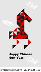 Ilustración vectorial geométrica moderna de una silueta de caballo de cría hecha de triángulos y círculos para el año Nuevo chino.