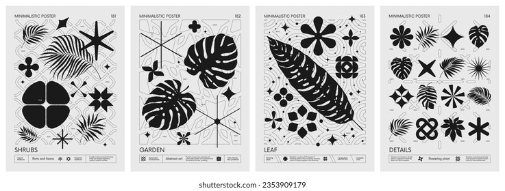 Modern geometric vector Minimalistic Posters with simple shapes, and exotic leaves, tropical plants, Artwork with silhouette abstract graphic elements basic figures, inspired by brutalism, set 46