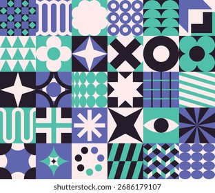 Modern geometric vector pattern with abstract shapes and bold color blocks in blue, mint and black. Perfect for backgrounds, textile design, branding and digital art.