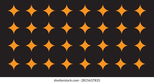 A modern geometric vector pattern featuring repeating yellow four-pointed stars on a dark black background. Ideal for textile prints, wallpaper, gift wrap, web backgrounds, and decorative graphics.