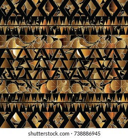 Modern geometric vector seamless border pattern. Abstract tribal geometrical grey background wallpaper. Ethnic decorative tribe ornaments with triangles, shapes, rhombus, gold surface paisley flowers.