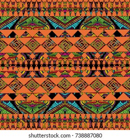 Modern geometric vector seamless border pattern. Abstract tribal geometrical striped colorful background wallpaper. Ethnic decorative orange tribe ornaments with triangles, shapes, rhombus, stripes
