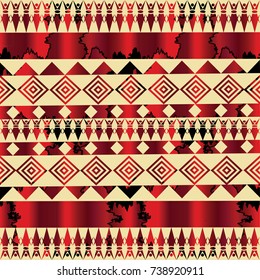Modern geometric vector seamless border pattern. Abstract tribal geometrical black red background. Geometry wallpaper. Ethnic decorative yellow ornaments with triangles, shapes, rhombus, patchworks
