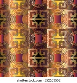 Modern geometric vector seamless pattern background wallpaper illustration with 3d vintage geometrical radial circles  and elegant greek key ornaments.3d decor elements with shadows and highlights