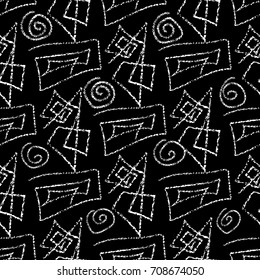 Modern geometric vector seamless pattern. Abstract geometrical repetitive black  background wallpaper with grunge doodle white chalk geometry lines, figures, spiral shapes and psychedelic  ornaments