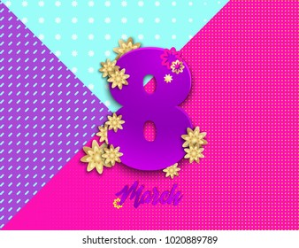 Modern geometric vector Women's Day 8 March greeting card or poster template. Bright business banner or flyer layout. 