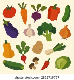 Modern geometric vegetable collection featuring tomato, carrot, beetroot, bell pepper, cucumber, eggplant, broccoli, onion, pumpkin, potato, mushrooms, cabbage and more. Polygonal vector set isolated.