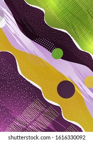 Modern geometric wave pattern background, dynamic shapes, abstract drawn lines, small particles, bright colors. Cover design, poster, flyer, book design. Vector illustration