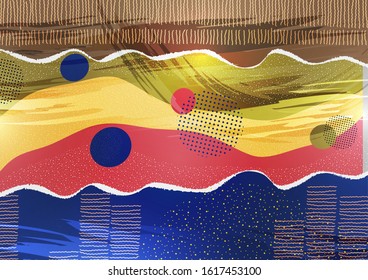 Modern geometric wave pattern background, dynamic shapes, abstract drawn lines, small particles, bright colors. Cover design, poster, flyer, book design. Vector illustration