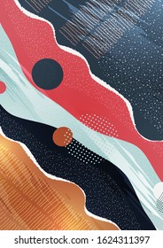 Modern geometric wave pattern background, dynamic shapes, abstract drawn lines, small particles, bright colors. Cover design, poster, flyer, book design. Vector illustration